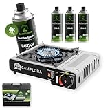 CAMPLORA Gaskocher + 4 Gaskartuschen + Tragekoffer mit Piezozündung -...