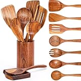 Kochlöffel Set Holz, 9 Stück Holz Kochbesteck Set mit Halter,...