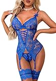 EVELIFE Damen Dessous Sets Sexy Spitze Body mit Oberschenkel Manschetten...