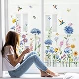 wondever Fenstersticker Garten Blumen Fenster Aufkleber Kolibri Blau Blumen...