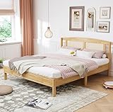 Rtopsu Doppelbett Holzbett 160x200 cm, Rattanbett mit Rattan Kopfteil, Bett...