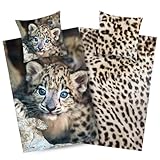 Aminata kids Leoparden Bettwäsche 135x200 - Wendebettwäsche Mikrofaser...
