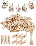 100 Stück Mini Holzklammern,3CM Wäscheklammern Holz,mit 10M Jute...