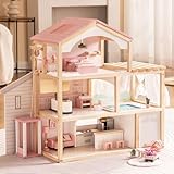 ROBUD Puppenhaus aus Holz,Puppen-Villa mit Möbel,Mit Aufzug, Garage,...