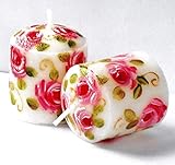 Dekoratives handbemaltes Votivkerzen-Set mit rosa Rose, klein, kurz, weiß,...