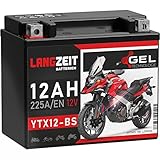 LANGZEIT YTX12-BS Motorradbatterie 12V 12Ah 225A/EN Gel Batterie 12V...