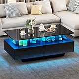 YITAHOME Couchtisch Schwarz, Wohnzimmertisch Hochglanz mit 16-Farbiger LED...