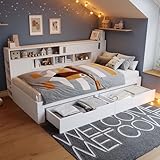 Kinderbett 140x200 cm, Doppelbett mit Regalen und Stauschrank, Stauraumbett...