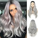 Halloween Perücke Damen Grau,Grey Wig Lang Haar Gelockt,Ombre Schwarz Grau...