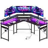 ODK Gaming Schreibtisch mit LED, Gaming Tisch mit 2 Steckdosen und 2 USB...