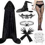 Halloween Kostüm Damen Hexe mit Hexenhut, Hexenumhang Damen, Netzstrümpfe...