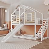 Aoskem Kinderbett Etagenbett 90x200, Hochbett Hausbett Holzbett mit Treppe...