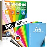 100 Blatt TONPAPIER - Buntes Papier DIN A4-130g/m² Set 20 Farben –...