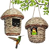 2 Stück Gras Bird Nest, Vogelnest Gras, Handgewebte Vogelhäuser,...