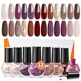 modelones Nagellack 12 PCS, Nagellack Schnelltrocknend Braun Nude Glitzer...