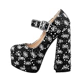 blingqueen Damen Mary Jane Pumps Plateau Blockabsatz High Heels Denim...