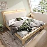 TOBIDOEN Doppelbett Holzbett 160×200 cm mit Beige Cord-Gepolsterte...