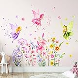 Tanlaby Blume Fee Wandsticker Blumen Schmetterling Elfen Wandtattoo Buntes...