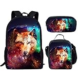 HUGS IDEA Galaxy Wolf buntes Tier-Rucksack-Set für Teenager, Jungen, coole...