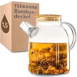 Cosumy Teekanne Glas 1,5 Liter mit Deckel aus Bambus - Filter im Auslauf -...