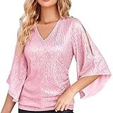 Pailletten Oberteil Damen 3/4 Arm Bluse Dreiviertellange...