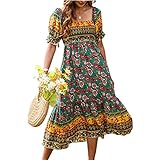 YILEEGOO Damen Casual Sommer Quadratischer Ausschnitt Böhmisches Kleid...