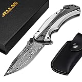 Jellas Damast Klappmesser, Taschenmesser mit Olivenholzgriff, 3-in-1...
