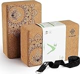 Overmont Yogablöcke Kork 2er Set Yogaklotz - Yoga Block mit Yoga Gurt -...