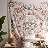 Beige Bohemian Tapisserie Wandbehang, Mandala Blumenmedaillon mit weißem...