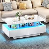 YITAHOME Couchtisch Weiß, Wohnzimmertisch Hochglanz mit 16-Farbiger LED...